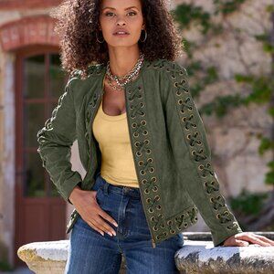 Boston Proper Faux Suede Grommet Lace-Up Jacket Size Medium- Olive Green- New